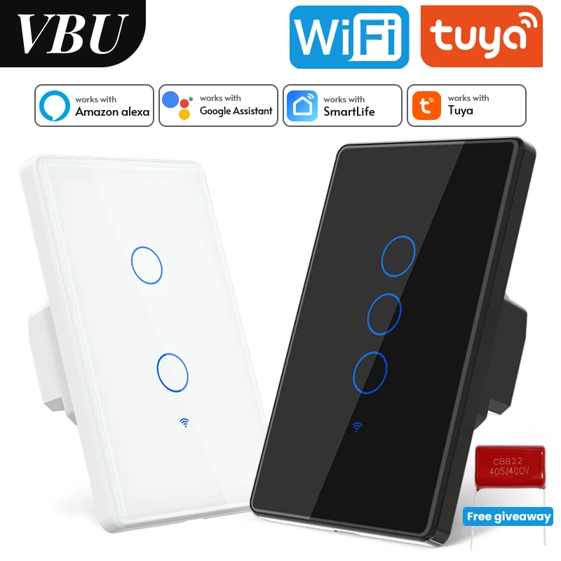 

VBU Сенсорный Wi-Fi Выключатель 220В Беспроводное Управление через Tuya/Smart Life Работает с Alexa/Google Assistant (1/2/3-Клавишный)Без Нейтрали, Умный Дом Готовность Белый,выключатель без нейтрали wifi