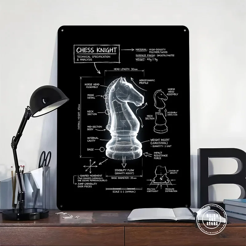 Chess Knight Technical Blueprint 3D Printed Texture Poster Personalized Wall Art Retro Metal Tin Signs for Gaming Decoration
