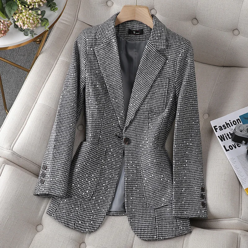 Women\'s Casual Temperament Suit Jacket Professional Spring Autumn New Fashion Plaid Retro Blazers