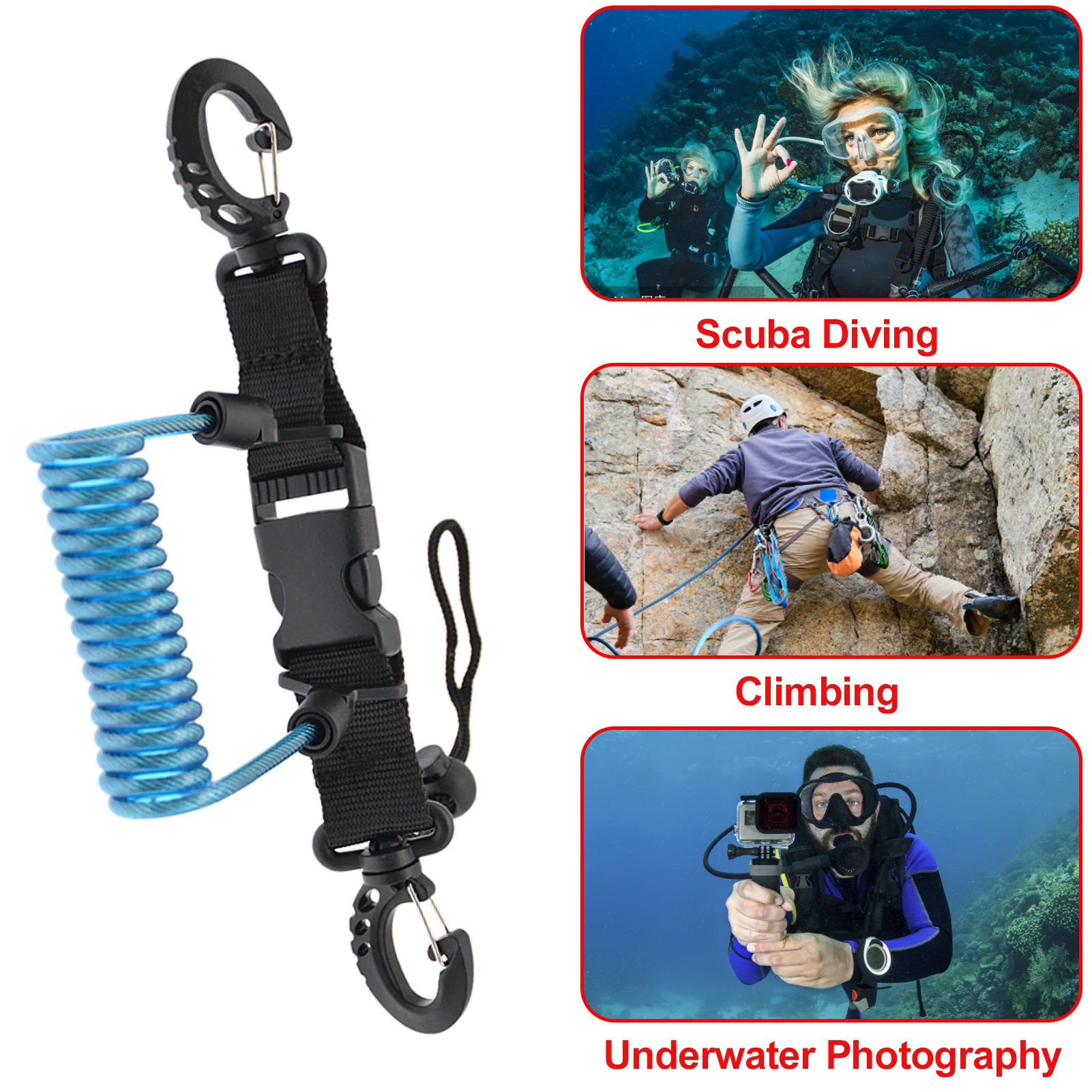 Spiral Coil Cable Anti-lost Camera Flashlights Safety Leash for Diving Snorkelling Surfing Kayaking