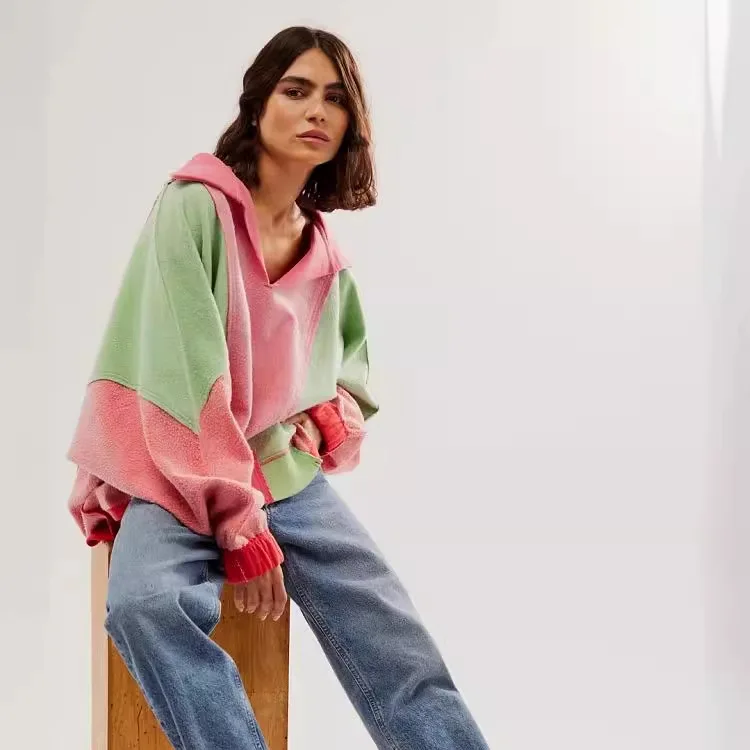 2026 Fall Winter Women Vintage Lapel V‑Neck Color Block Loose Pullover Sweatshirt European American Style