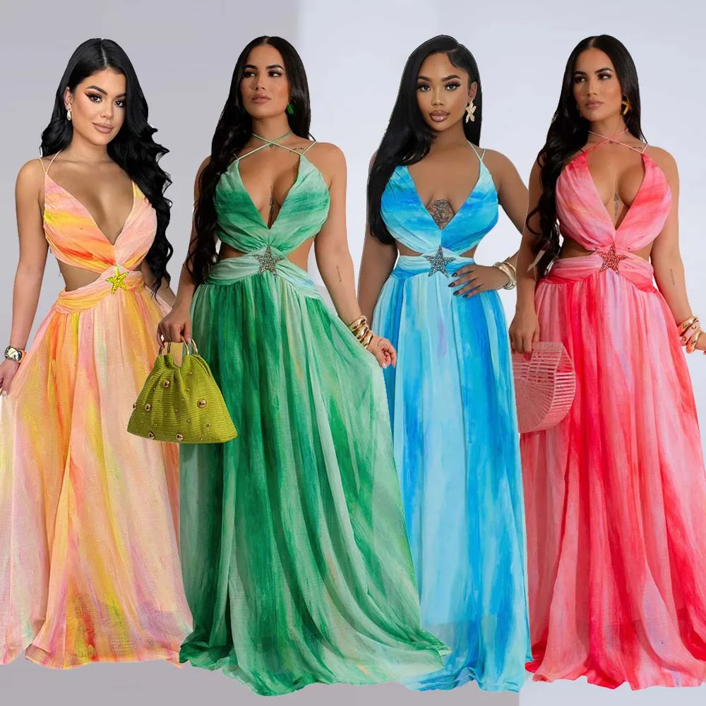 

Tie Dye Halter Maxi Dress Lady Sexy Party Evening Dresses 2024 Women Summer Clothes Elegant Luxury Beach Wear Long Dresses