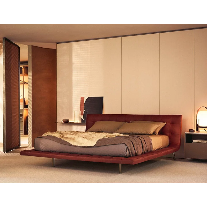 Minimalist first-layer cowhide master bedroom leather bed Modern simple double leather bed