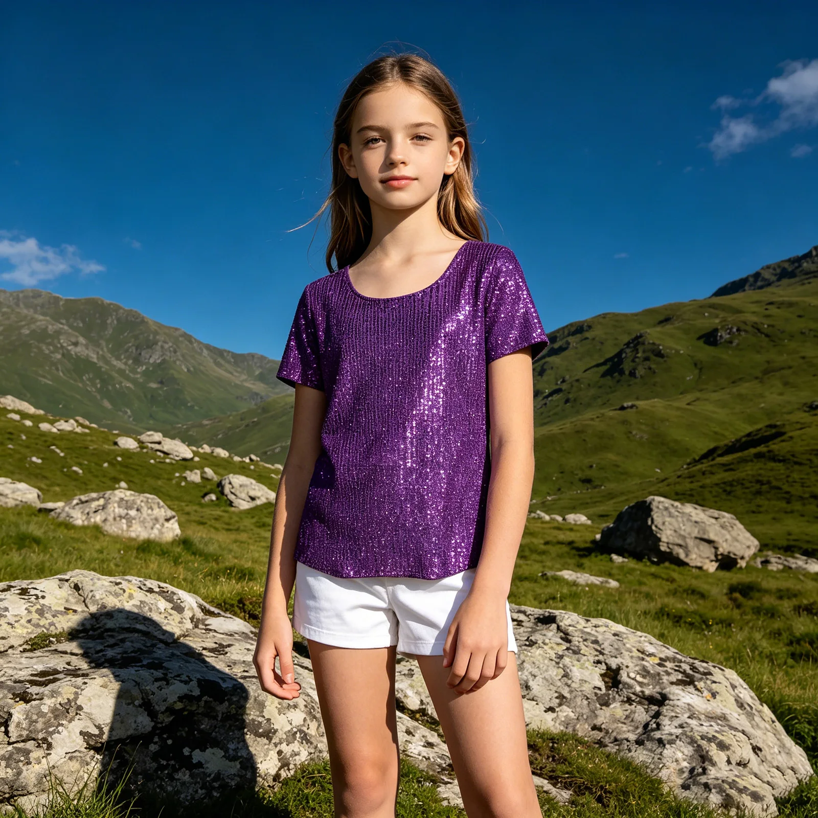 Kids Girls Casual Daily Life Party Shirts Sparkling Sequin Carnival Performance Top Short Sleeve Glittery T-shirt Tees