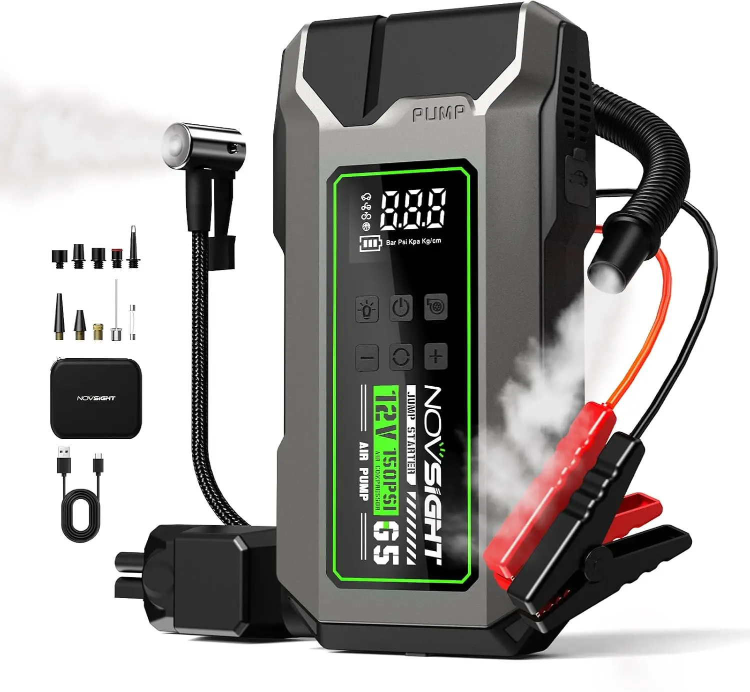 

3000A Jump Starter with Air Compressor, 12V Portable Jump Box for Car Battery, 150PSI Auto-Shutoff Inflator, Green