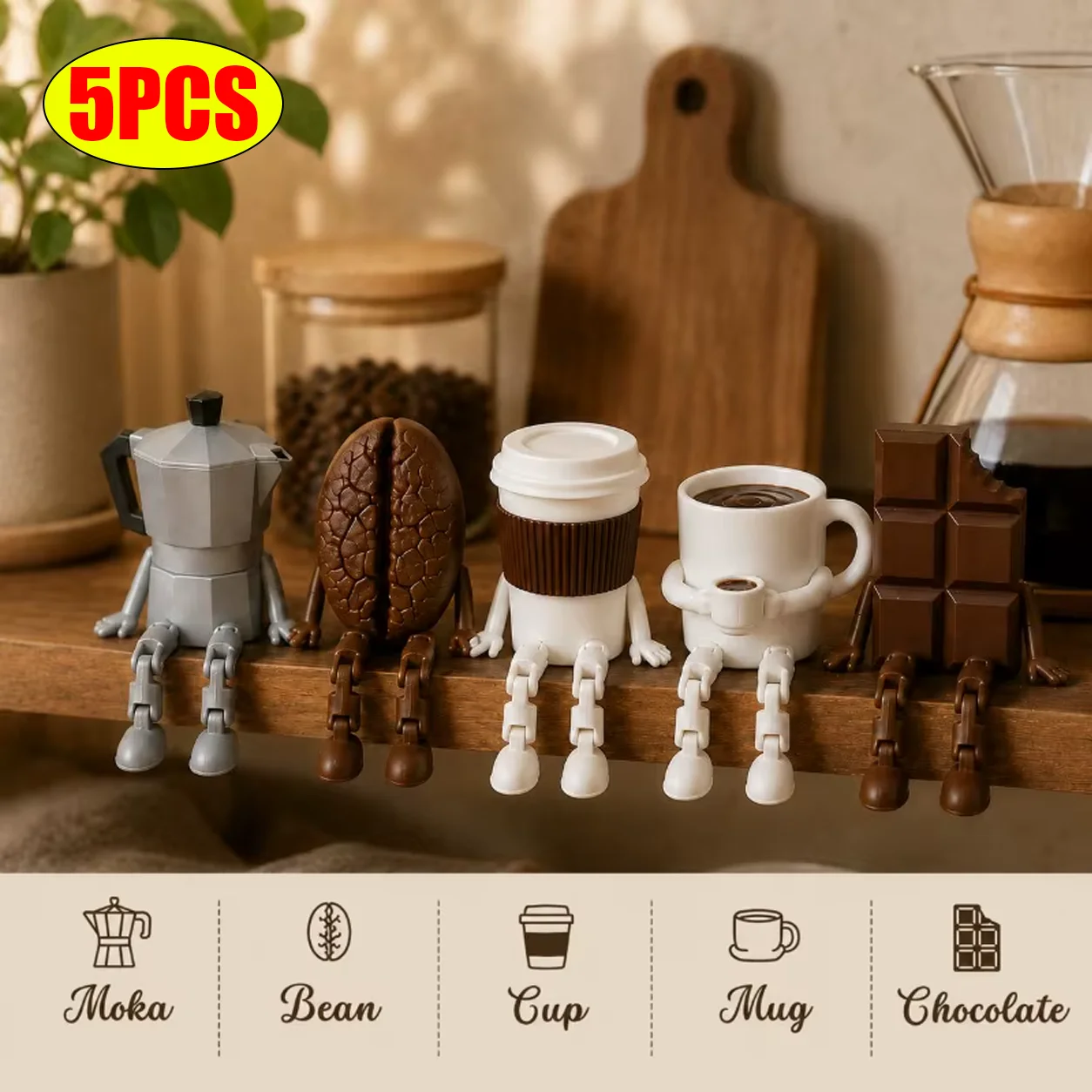 3D Printed Coffee Corner Decor, Articulated Moka Pot Coffee Bean Cup Mug Chocolate Figures, Coffee Station Shelf Decor, Gift