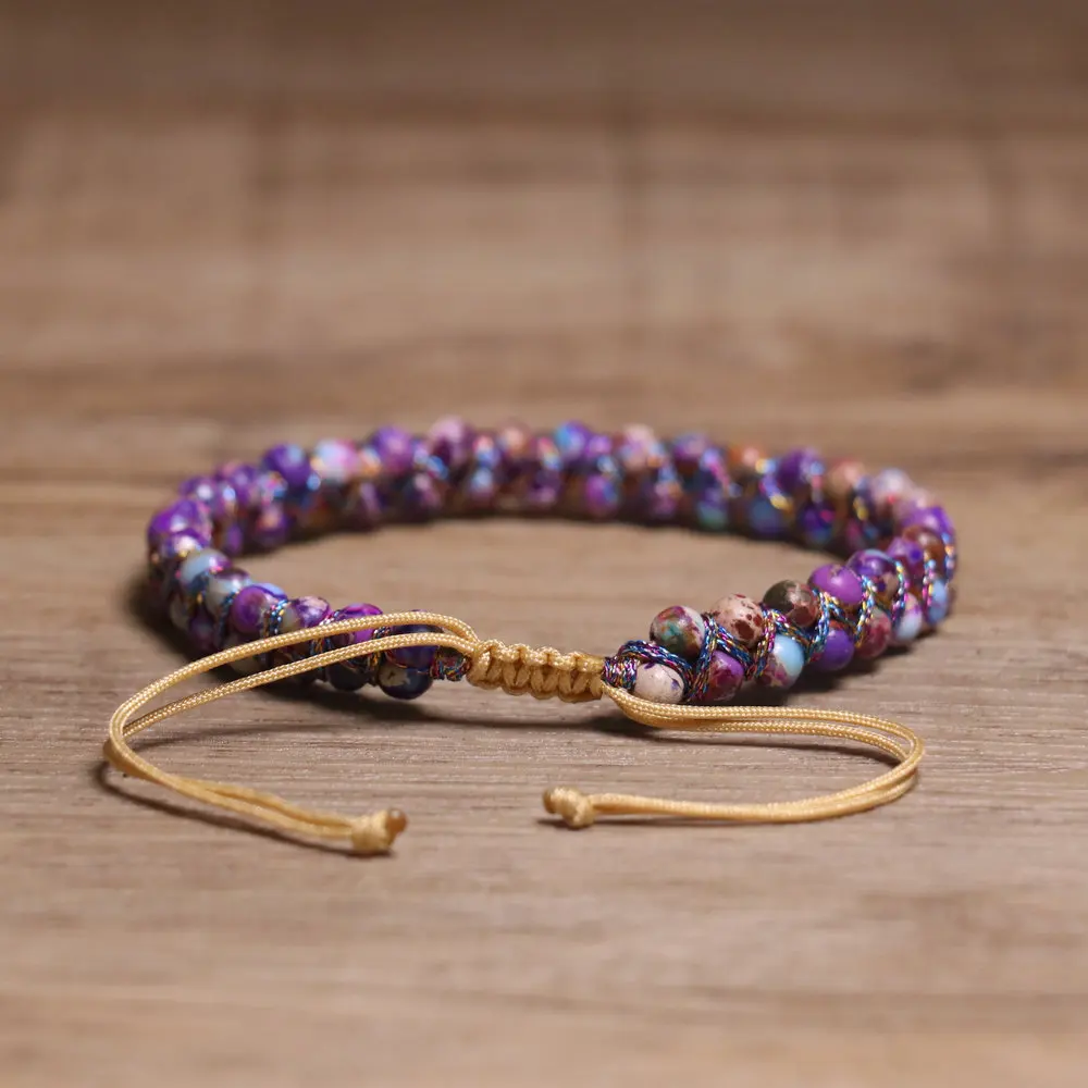 New Design Vintage Women Jewelry Gemstone Imperial Natural Sea Sediment Jasper Stone Handmade Braided Cord Friendship Bracelet