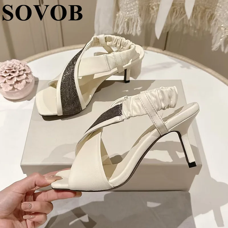 

Women's Cross Strap Steel Ball Chain Slim Heel Sandals Summer Genuine Leather Elastic Strap Retro Elegant Sandalias Banquet Shoe