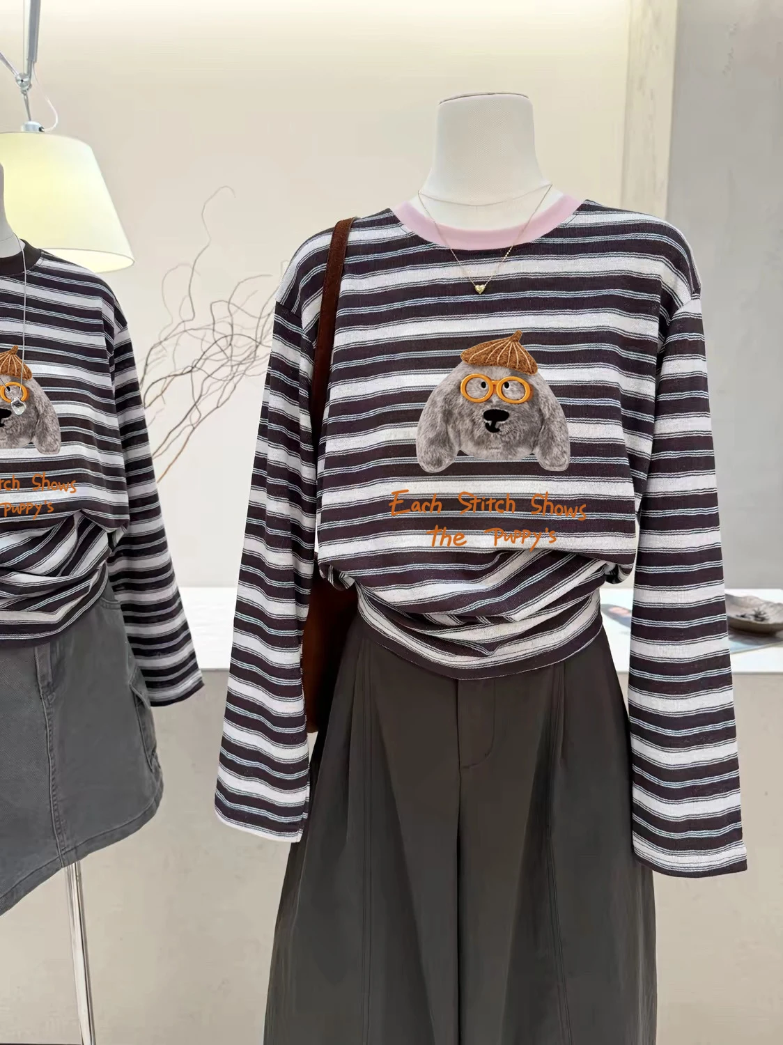 Retro Striped Print Long Sleeve T-Shirt Women's Loose Fit round Neck Slimming Versatile Youthful Cover up Top for Autumn