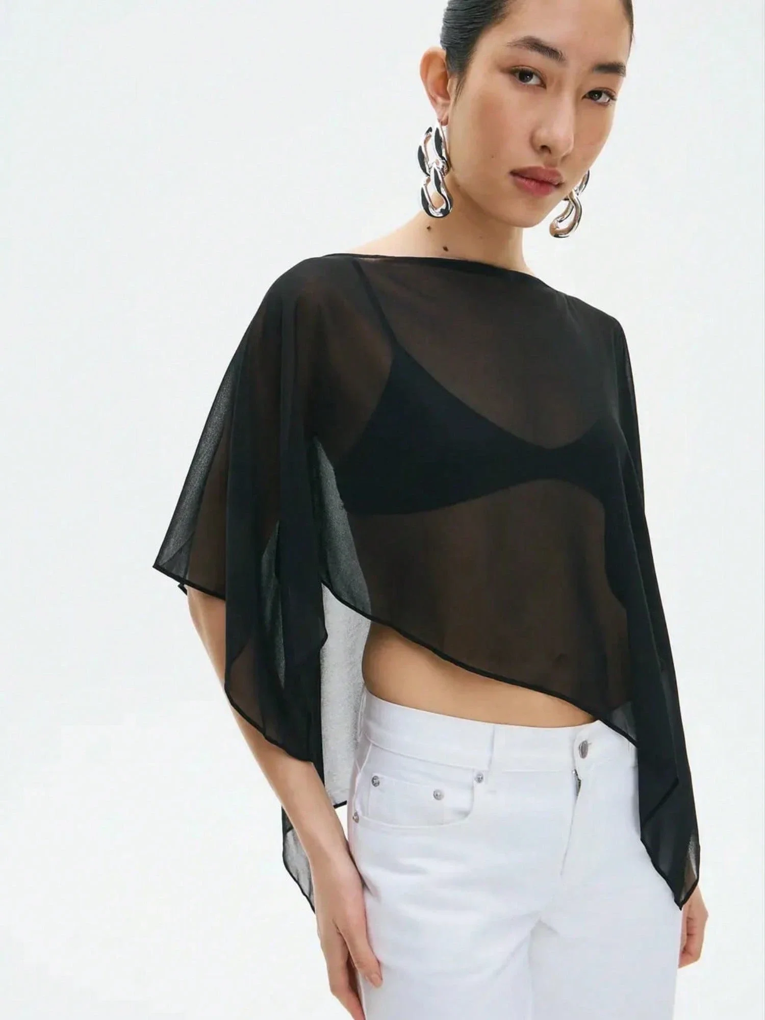 

Women Sheer Mesh Poncho Asymmetrical Lightweight Shawl See Through Cover Up Top