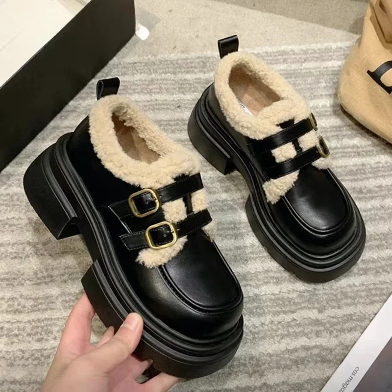 Winter British Style Small Leather Shoes for Women New Student's Japanese Vintage Plush Warm Cotton Shoes for Women Chunky Shoes