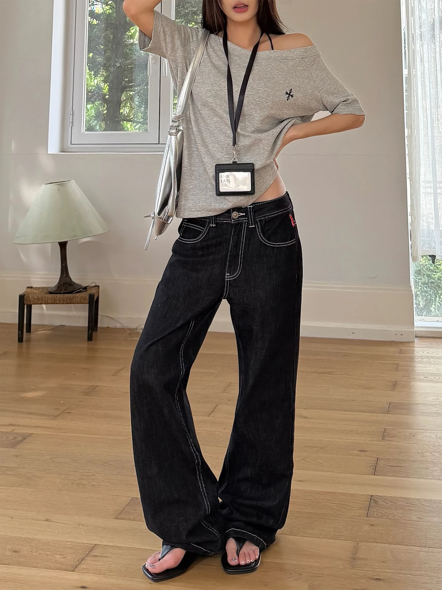 

Широкие американские джинсы с низкой талией, женские джинсы High Street Design, сексуальные свободные повседневные длинные брюки с эффектом похудения