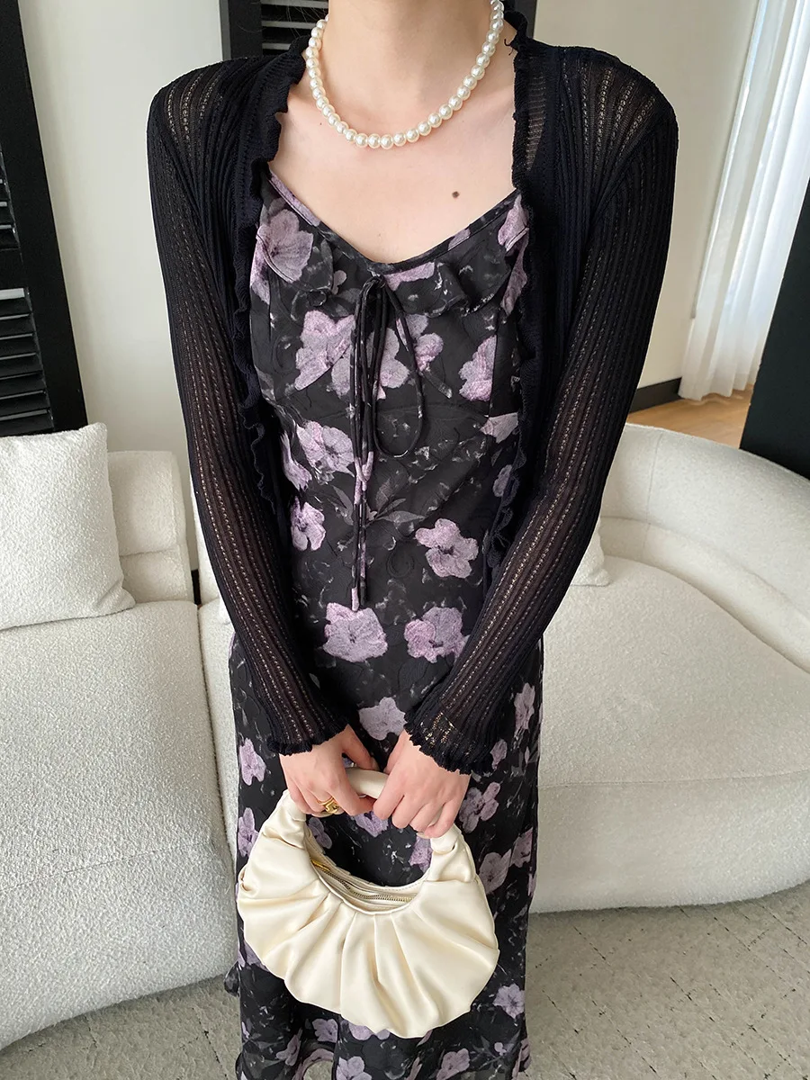 Frühlings- und Sommer-Set für Damen: Rüschenkleid mit Schnürung und Blumenmuster sowie Strickjacke – Detail 32