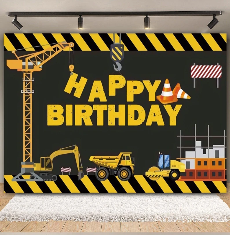 خلفية عيد ميلاد لفريق البناء للتصوير الفوتوغرافي للأولاد وحفلات استقبال المولود الجديد ورافعة شاحنة المرور وحفارة خلفية استوديو الصور #3