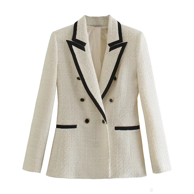 2026 New Women Double Breasted Tweed Blazer Coat Vintage Long Sleeve Pockets Female Outerwear Autumn Winter Jacket Casual Blazer