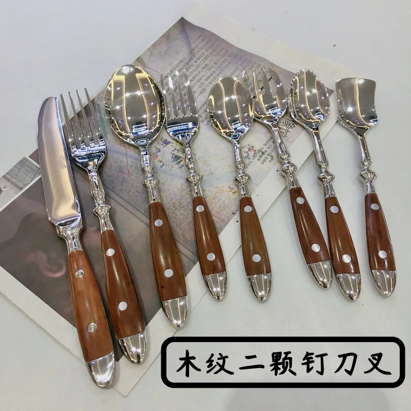 Stainless steel cutlery set with two nails, fork spoon, wooden handle, fork spoon, stainless steel three piece set