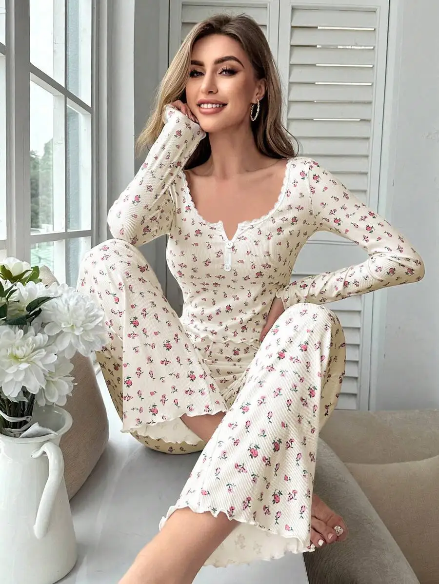 Women\'s Pajama Set Lace Buttons Trims Sleepwear Slim Long-sleeved Trousers Floral Print Stylish sexy Loungewear Nightwear Pyjama