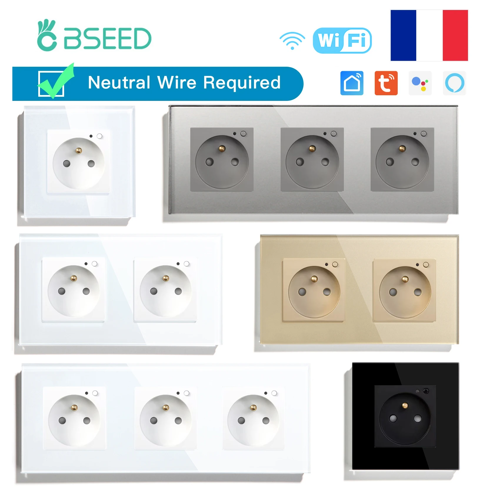 BSEED Single Wifi Wall Sockets Double Smart Sockets Google Smart Life App Control Alexa Triple Sockets FR Standard