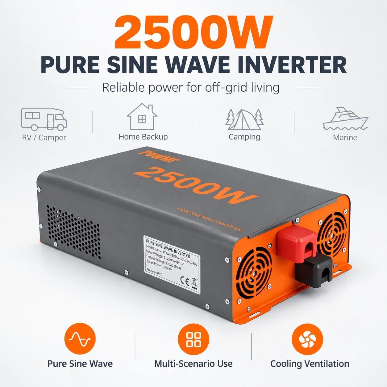 PowMr 2500W Pure Sine Wave Power Inverter DC 12V/24V to 110V/120V AC Off‑Grid Battery‑Powered Converter,5000W Surge,LCD Monitor,Multi‑Protection for RV Boondocking Camping Home Blackout Emergency Power