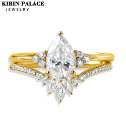 Kirin Palace Pear Cut Moissanite Ring 2PCS 100% 925 Silver Ring For Women White/Yellow/Rose Gold Plated Gift Engagement Jewelry