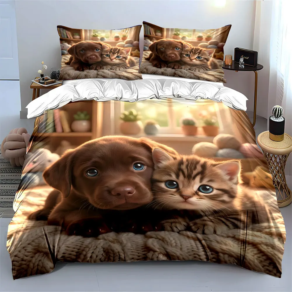 Cozy indoor cat and dog companionship Printed Duvet Cover Set 1 Duvet Cover+2 Pillowcase Multi Size Bedroom Bedding Decoration