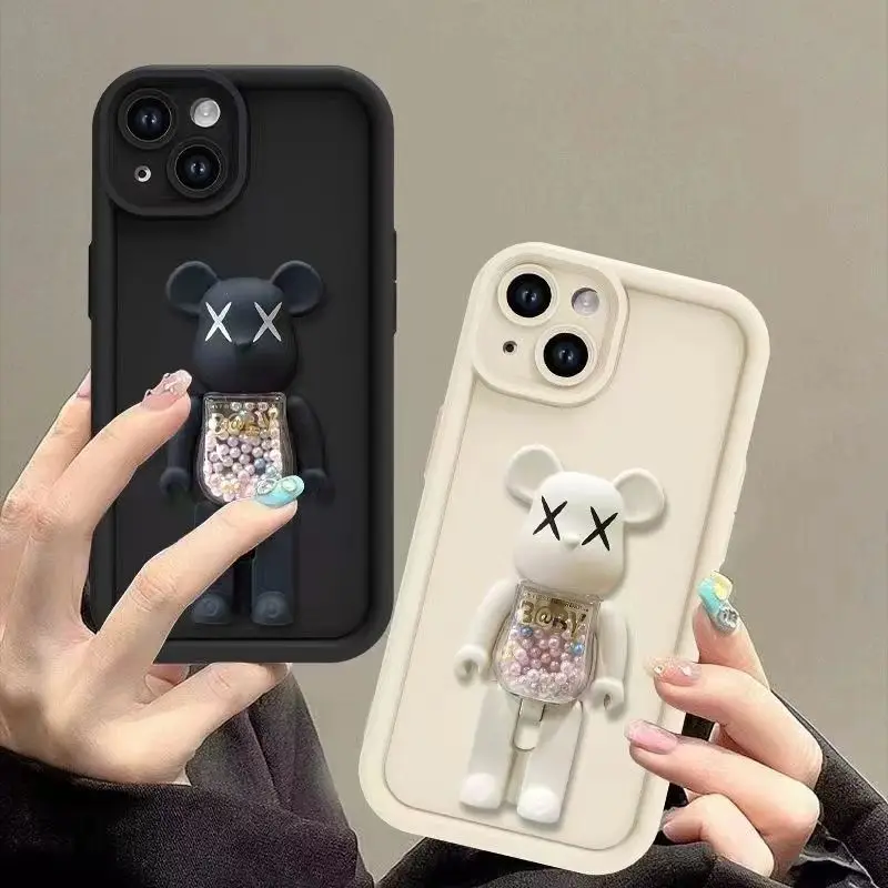 Cute 3D Bear Bracket TPU Phone Case for iPhone 16 15 14 13 12 11 Pro Max XR XS X 8 7 Plus Silicone Shockproof Matte Cover image 4