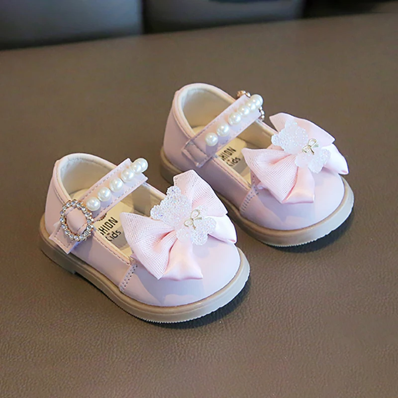 Baby Girl Princess Fashionable Pearl Bow Bear Shoes Soft Sole Toddler Shoes Mary Jane Flat Leather Shoes