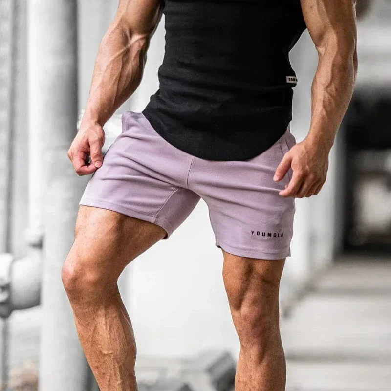 Calções masculinos desportivos de algodão, streetwear, casual, musculação, fitness, corrida, treino, jovem adulto, estilo americano, moda, verão