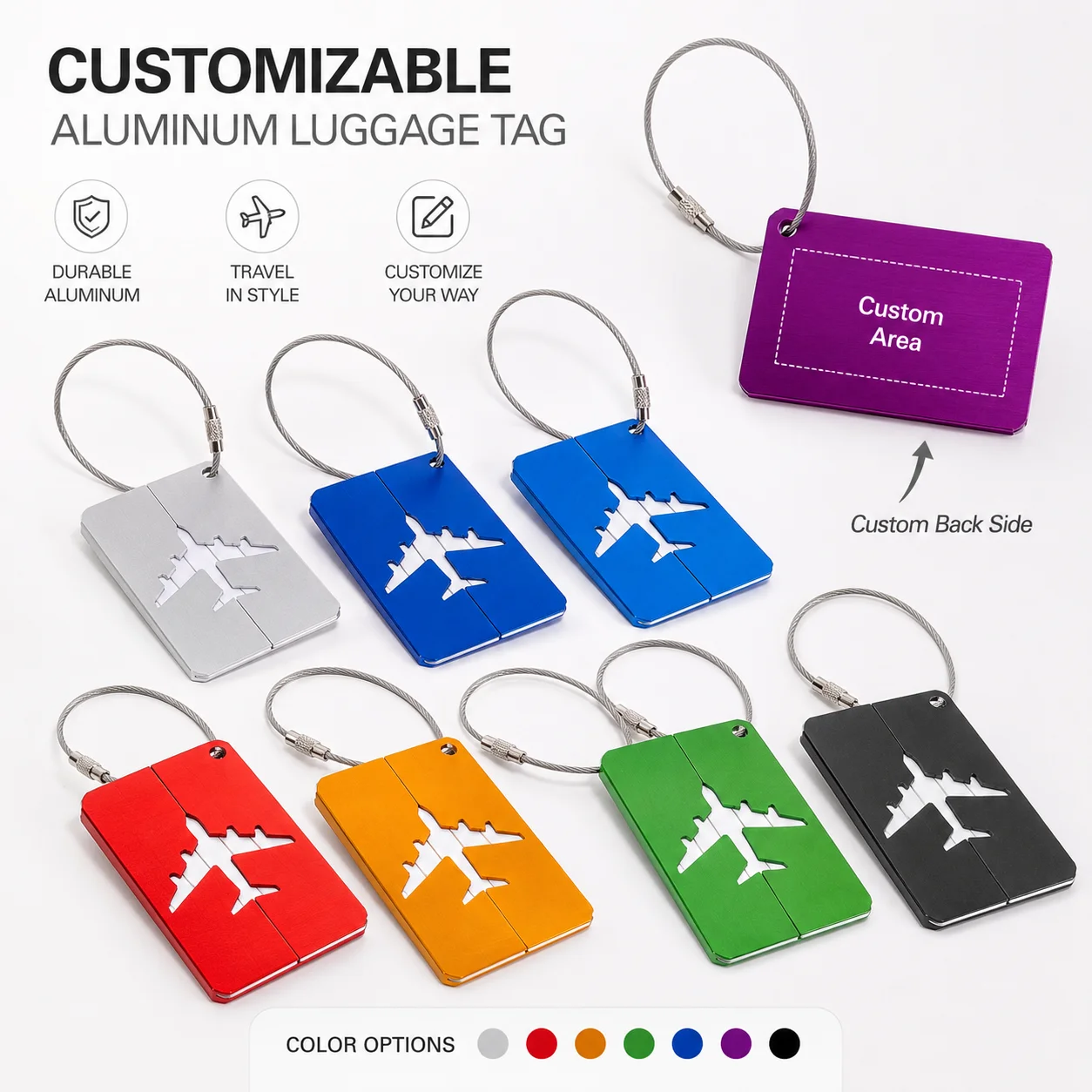 

Airplane Cutout Aluminum Luggage Tag Custom Logo Name Travel Suitcase Baggage ID Label with Steel Cable Loop Address Card Includ