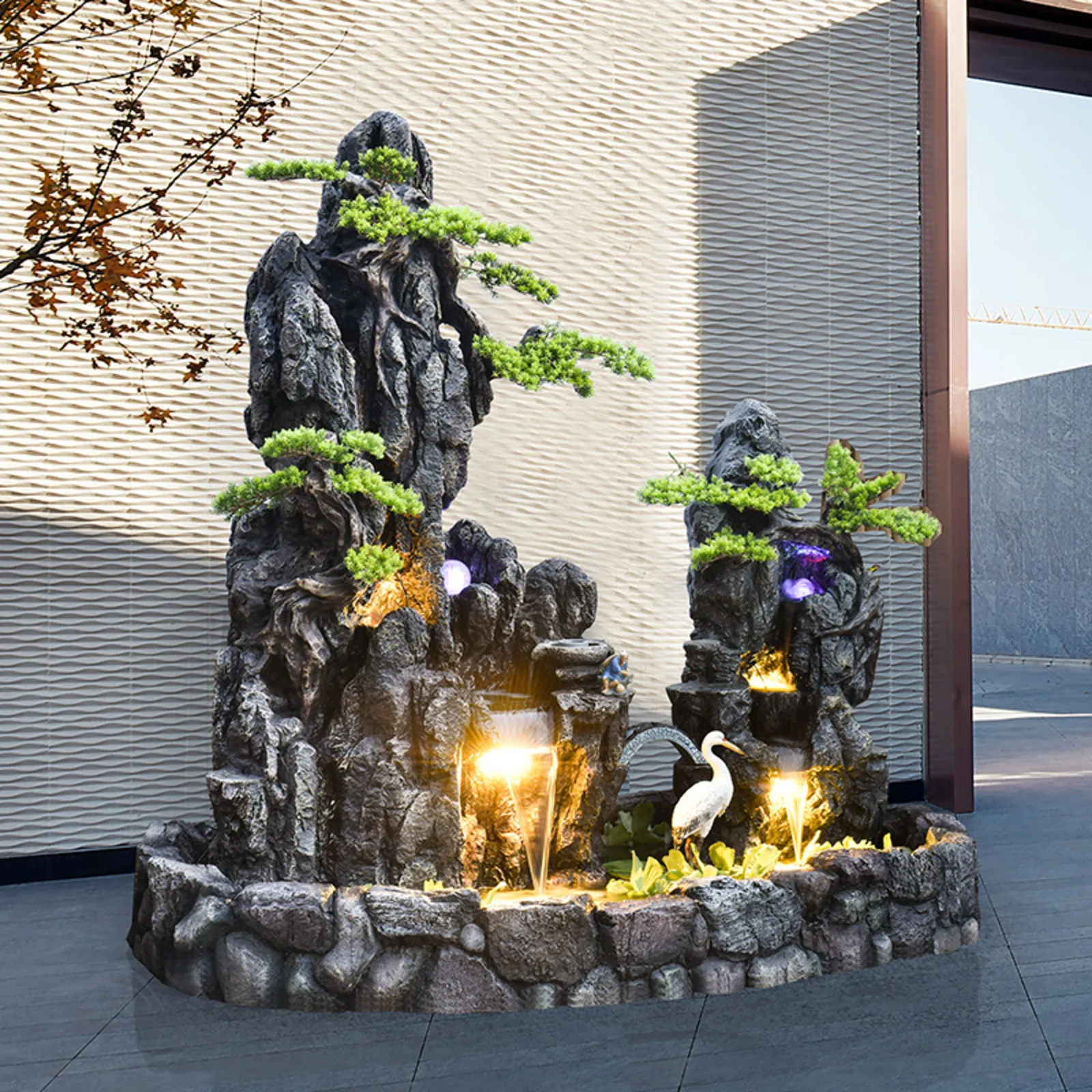 CHENYISHI Large Rockery Fountain with LED Lights Cascading Waterfall Design Cement Stone Material Realistic Texture Pond Feature