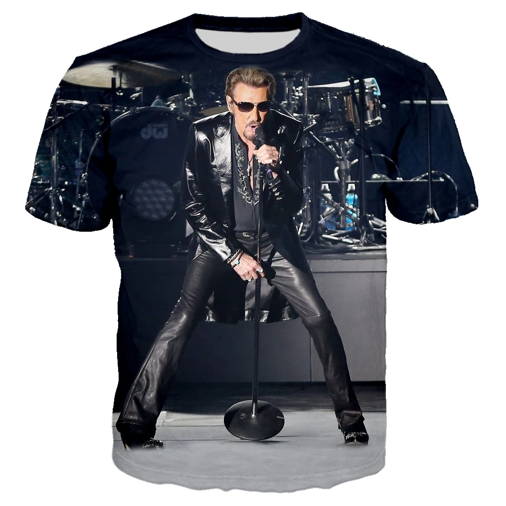 Pop şarkıcı Johnny Hallyday 3D baskılı tişört erkek kaya moda günlük T-shirt Hip Hop Harajuku üstleri yaz erkekler sokak giyim