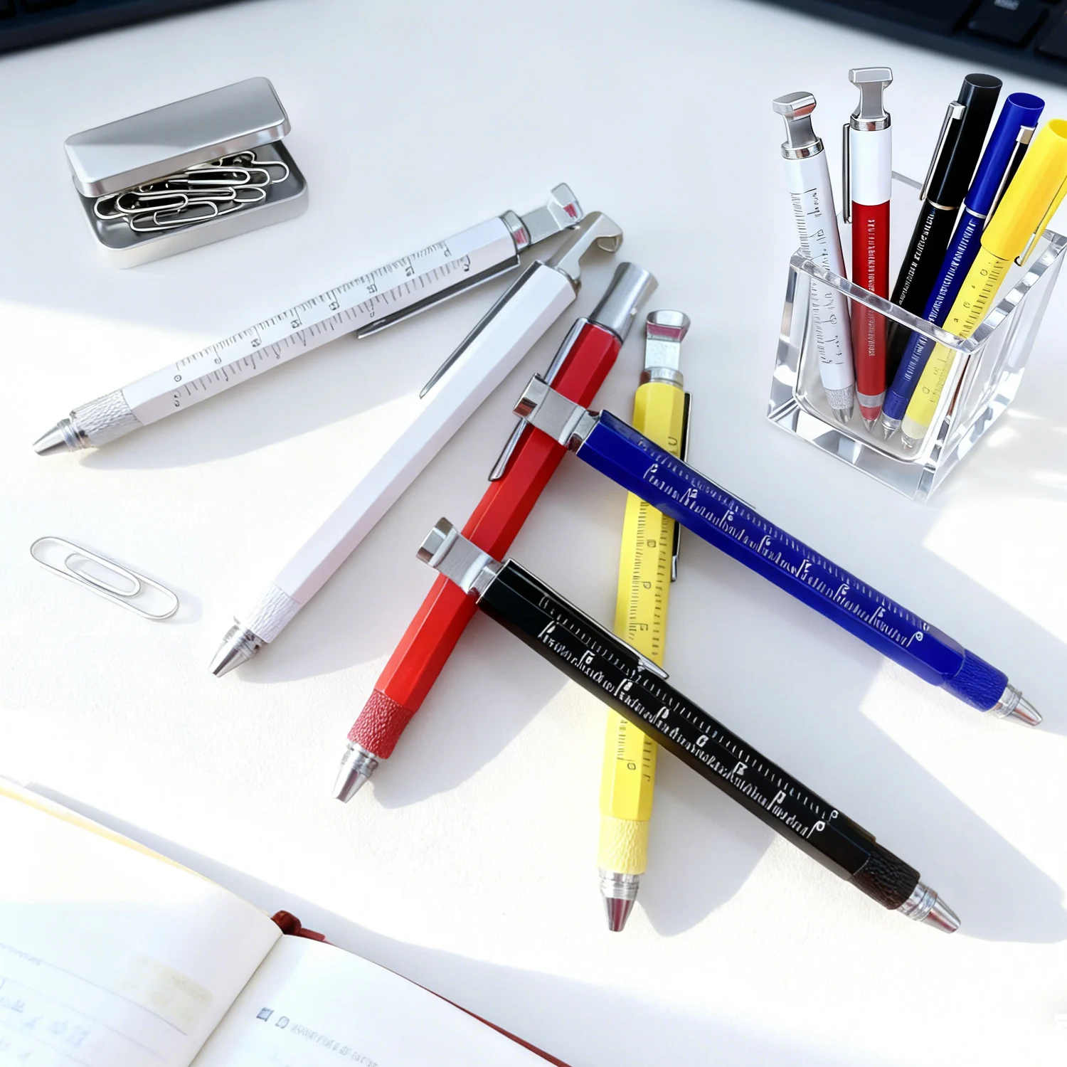 

Multi functional technical tool pen with ballpoint pen touch screen stylus ruler flat head and Phillips screwdriver