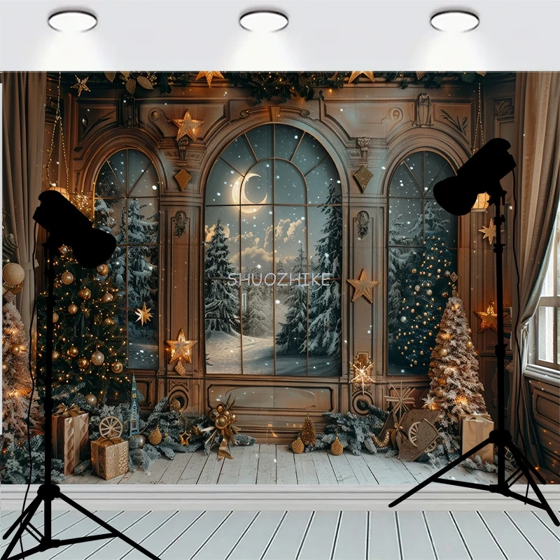 

Wooden Floor Window Background Christmas Day Fireplace Living Room Decoration Family Party New Year Photography Backdrops AC-01