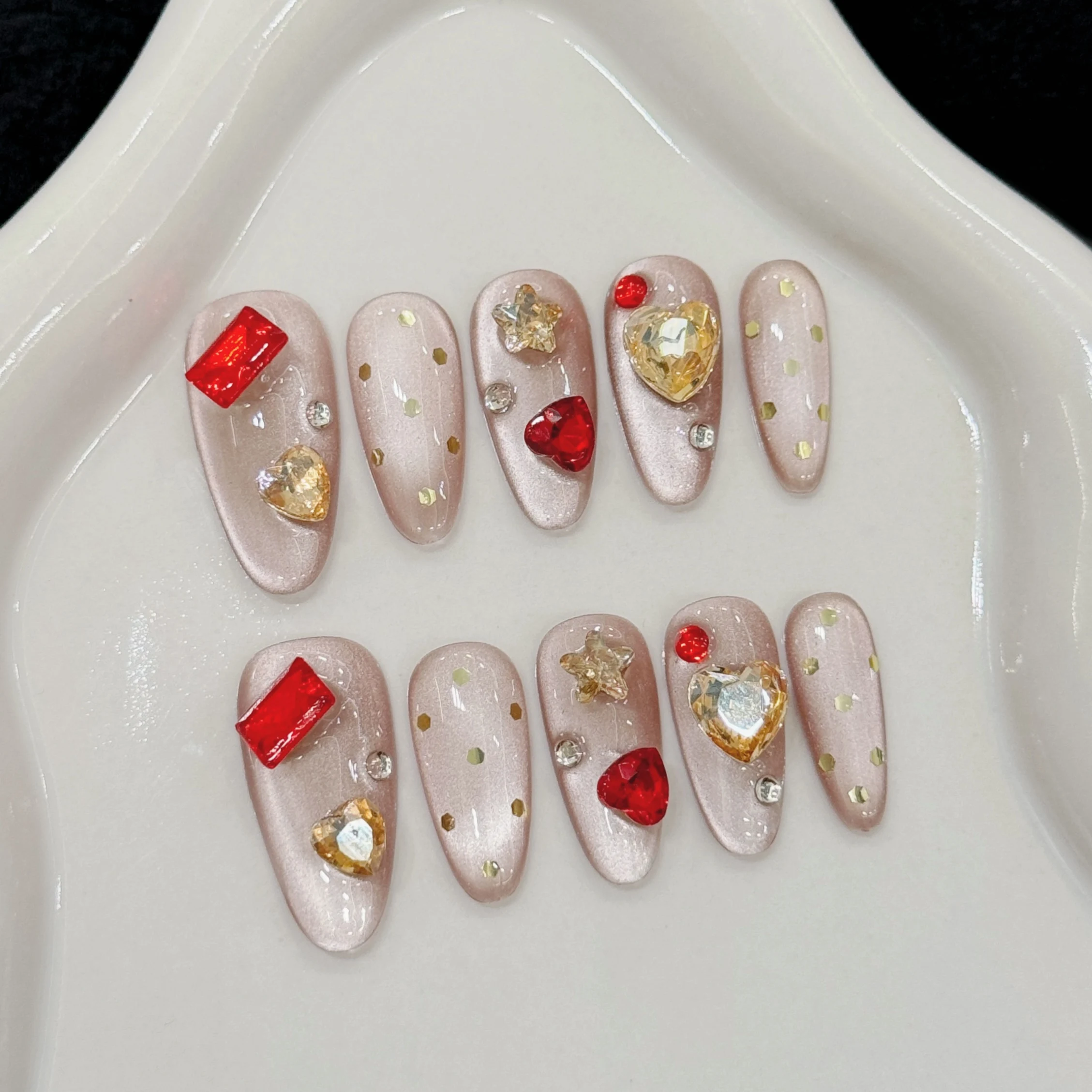 

10Pcs Almond Fake Nails Art Handmade Press On Nails Glitter Cat's Eye Fake Nail Tips With Red Rhinestone Resuable Fashion Girls