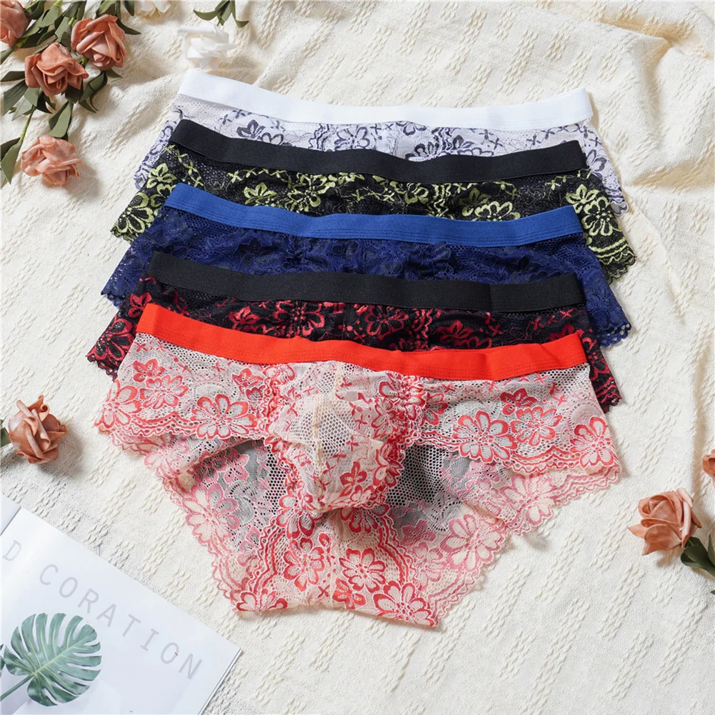 Men Jacquard Lace Briefs Bulge Pouch Sissy Gay Breathe Adult Underwear Intimate Hot Novelty Exotic Lingerie Solid Men's Panties