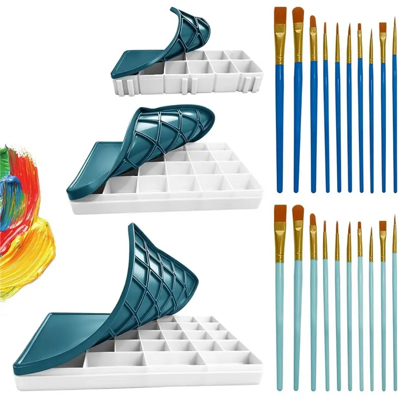 

BAAR-Paint Tray With 3 Pcs Plastic Paint Palette Compartments, Soft Lid& 20 Painting Pens For Watercolor DIY Projects