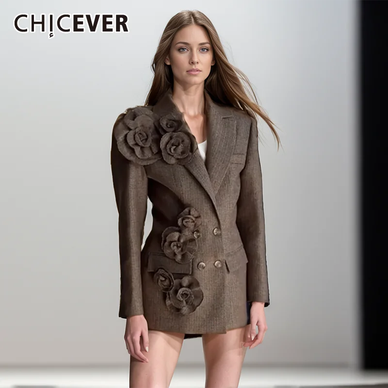 CHICEVER Patchwork Appliques Chic Blazers For Women Notched Collar Long Sleeve Spliced Double Breasted Vintage Solid Coat Female