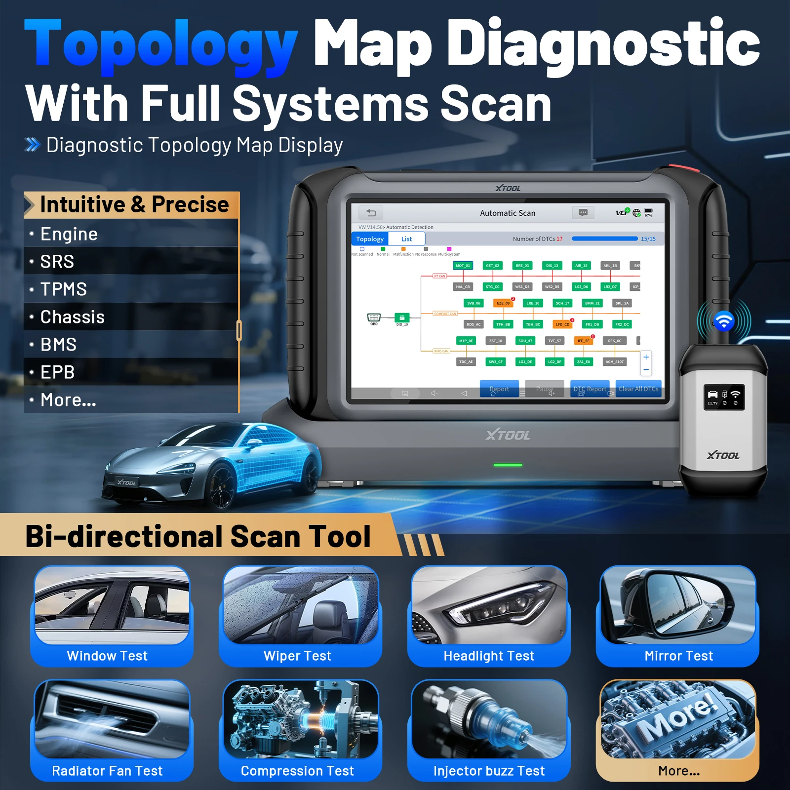 XTOOL InPlus IP919 أداة تشخيص السيارات بلوتوث الماسح الضوئي للسيارات يمكن FD DOIP FCA ECU الترميز مفتاح برمجة طوبولوجيا 51 إعادة تعيين