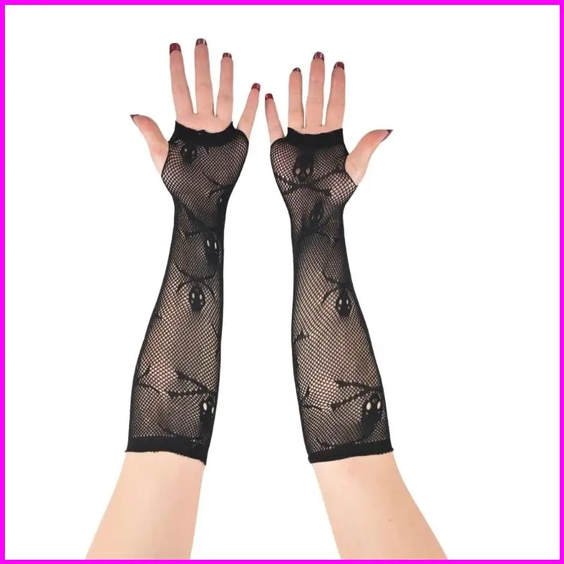 Fish Net Arm Sleeves Skull Mesh Gloves Black Long Fingerless Gloves