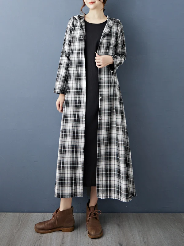 

Осенняя модная художественная женская одежда: свободное приталенное платье миди в клетку с капюшоном на одной пуговице, из хлопка, с длинным рукавом