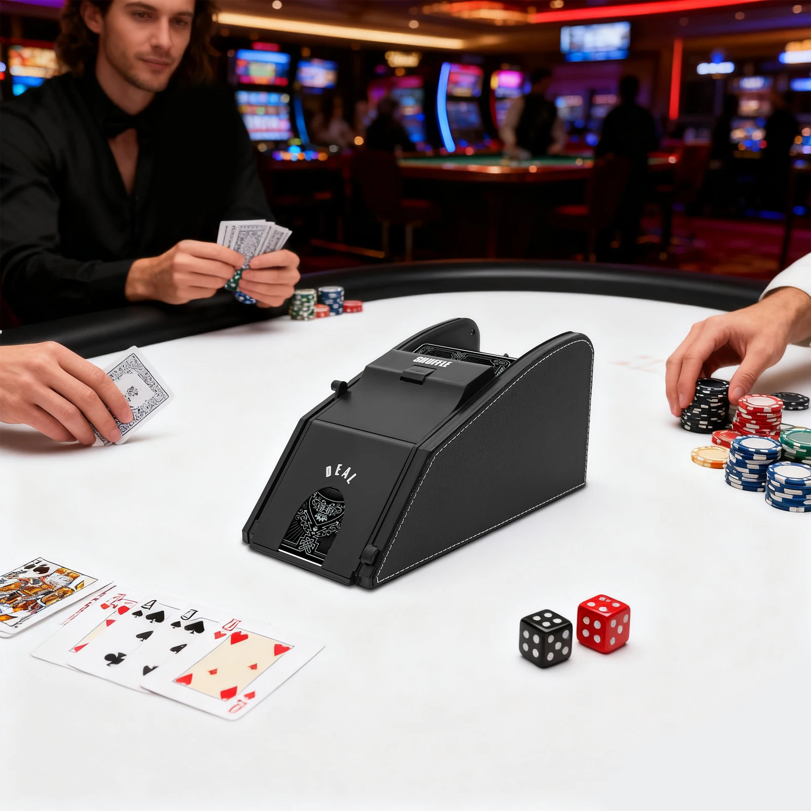 Durable Leather Plastic Card Shuffler 1-2 Decks Quiet Operation For Poker Players Family Parties Bridge Games