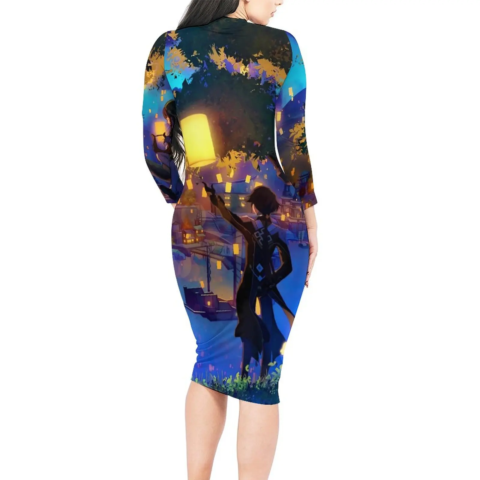 Genshin Impact Bodycon Dress Female Anime Print Elegant Dresses Holiday Long Sleeve Fashion Graphic Dress Big Size 4XL 5XL