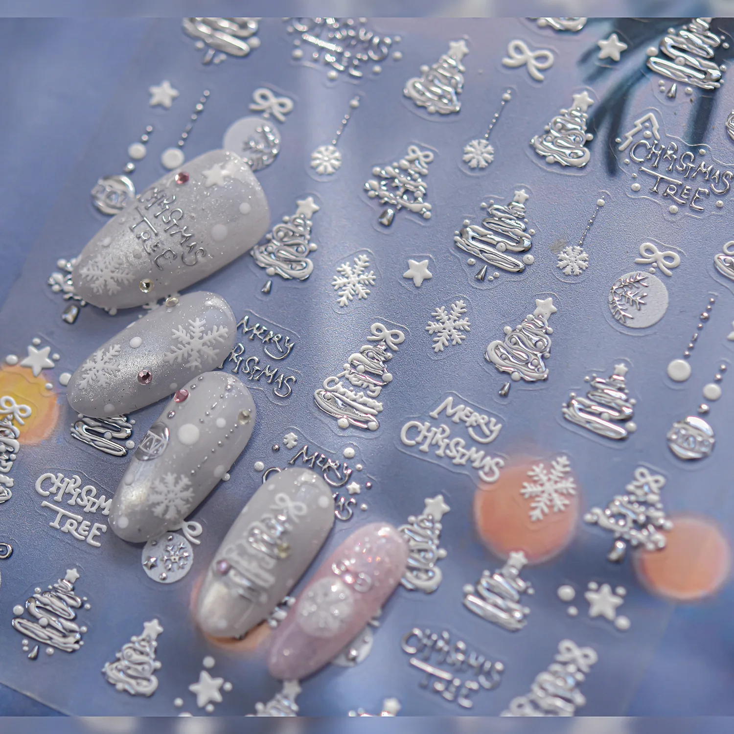 Nail Art Stickers Metallic Silver White Dreamy Christmas Tree Adhesive Decals Lightweight DIY Manicure Decoration Party
