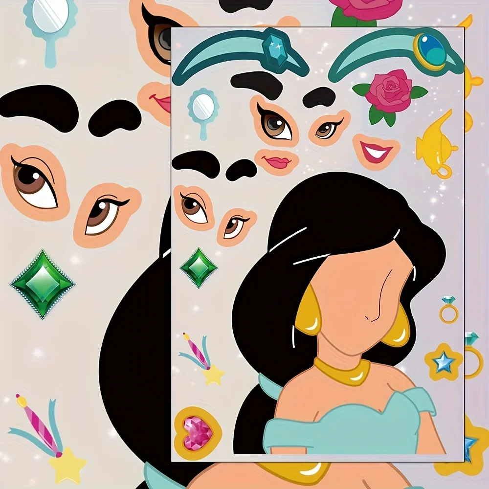 8pcs Disney Princess Stickers, Snow White, Elsa, Mermaid Collage Makeup Stickers, Children's Handmade Facial Makeup Stickers