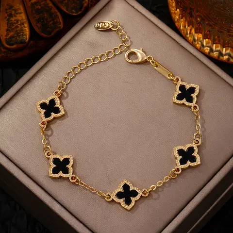 Luxury Vintage Rhinestone Four Leaf Clover Bracelet for Women Girls Fashion Five Leaf Flower Wrist Chain Jewelry Bijoux Gifts