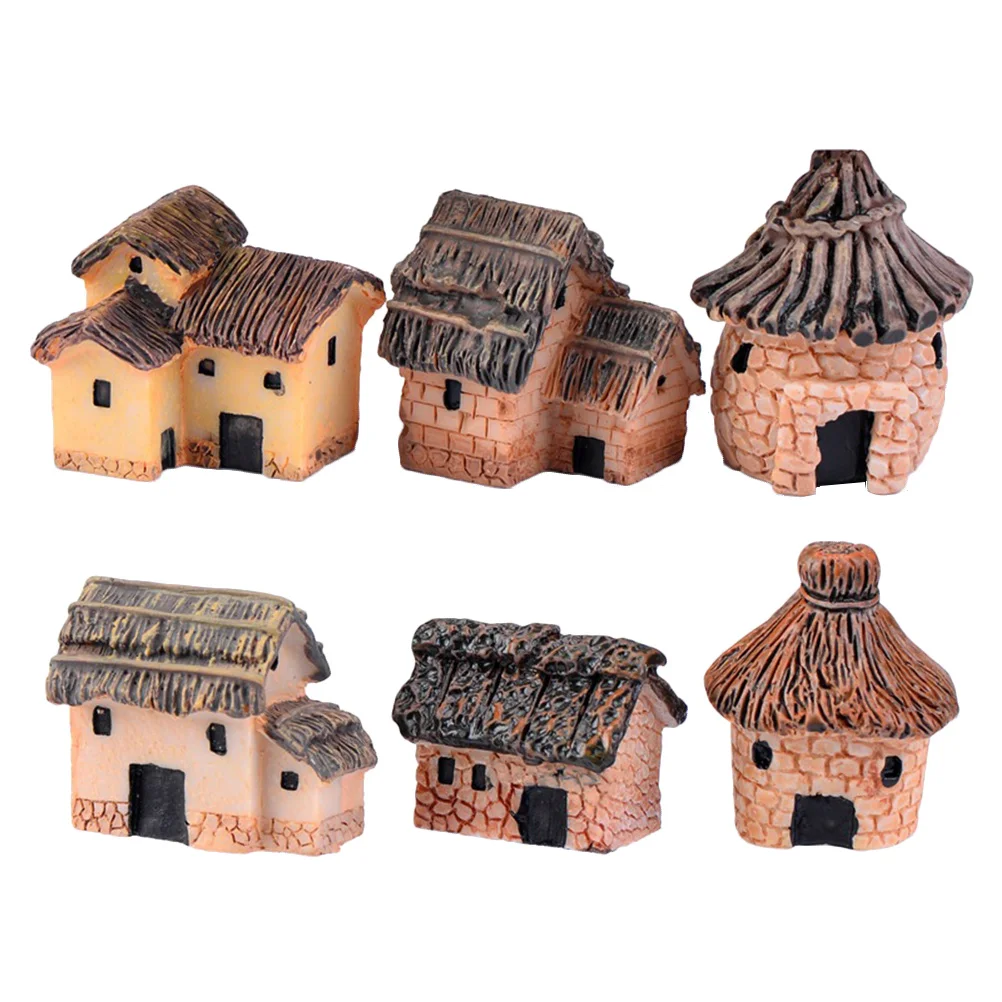 

6pcs Miniature Thatched Huts Decoration Resin Fairy Garden Houses Waterproof Micro Landscape Diy Craft For Terrarium