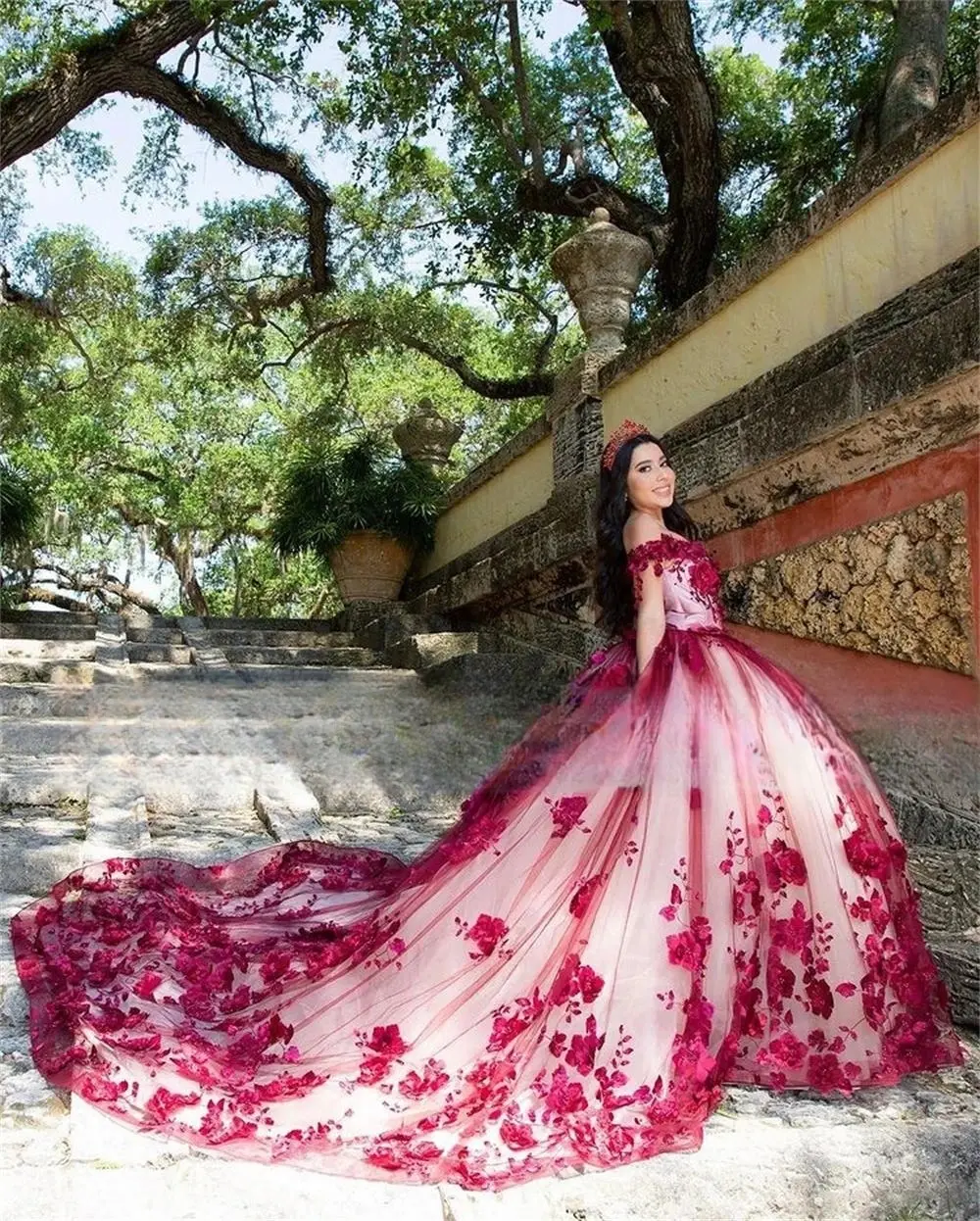 Off The Shoulder tiulowe sukienki na quinceanera suknia balowa sukienka na przyjęcie urodzinowe zasznurować suknia na zakończenie szkoły 3D kwiaty dostosowane