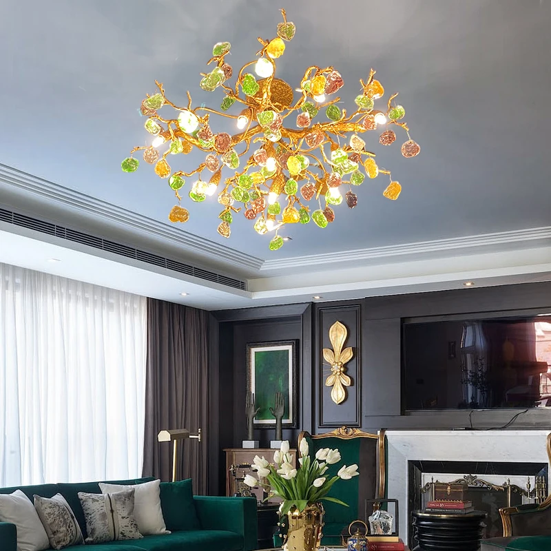 Colorful glass all copper ceiling lamp American living room branch lamp bedroom dining room light luxury creative villa Designer