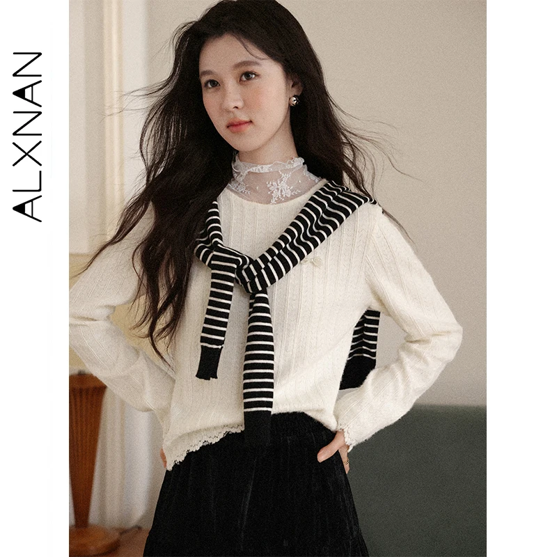 ALXNAN المشمش القمم كاذبة قطعتين الدانتيل المرقعة طويلة الأكمام محبوك البلوفرات القوس الخريف المرأة طبقات تريكو L58036 #2