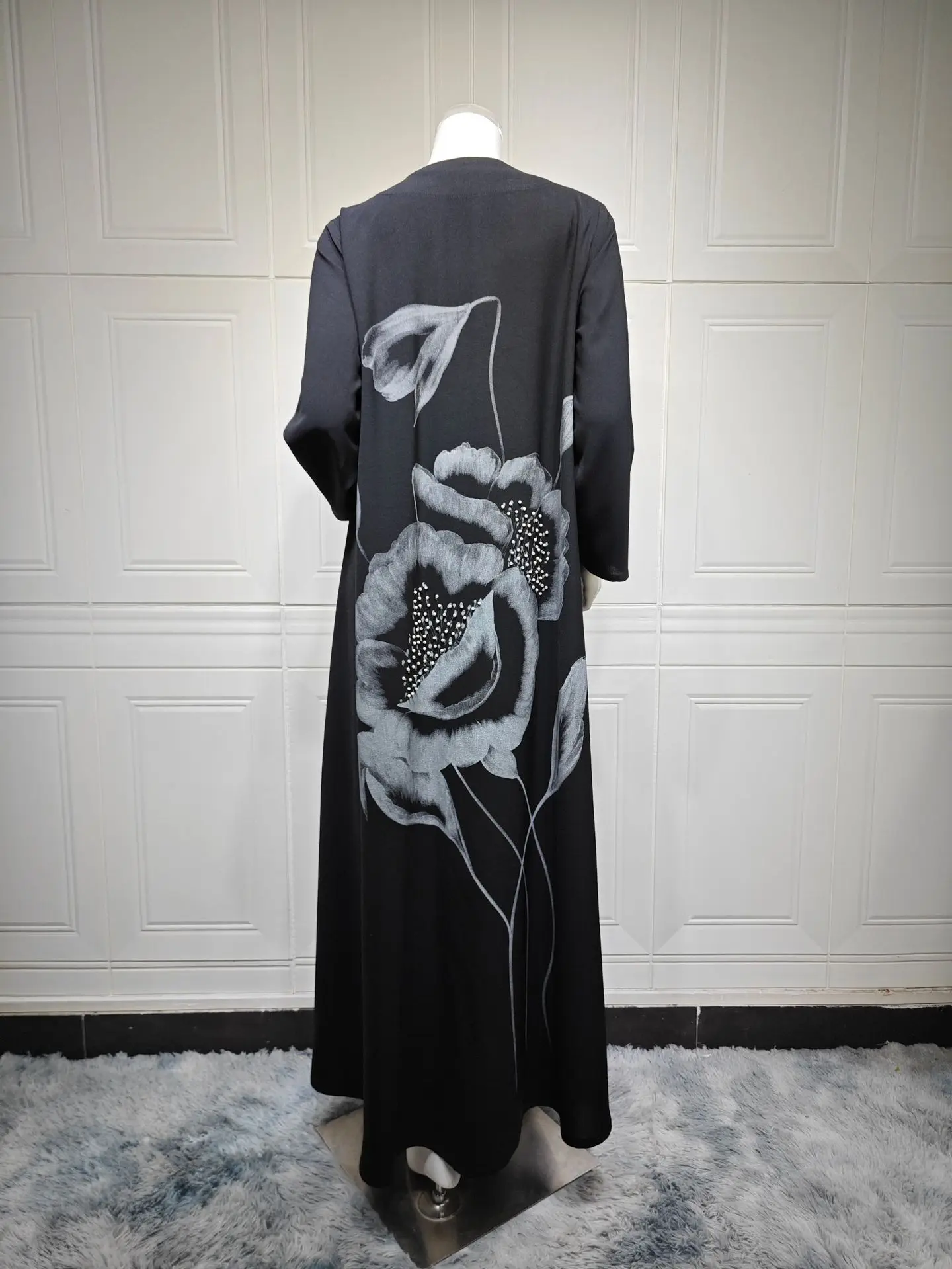 

UNI 2025 Дубай, черная открытая Абая с принтом из пенопластовых бусин, кардиган, халат, Ближневосточная Абая, мусульманская женская одежда